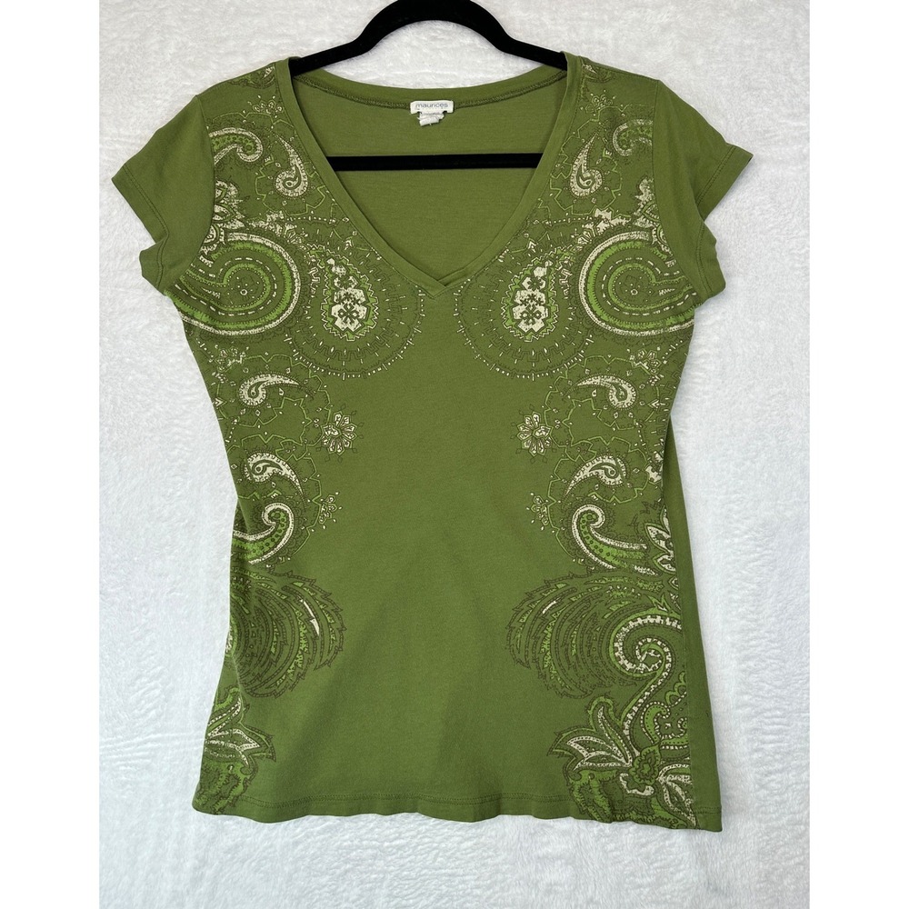 Maurices Paisley V-Neck Top Womens Medium Green Short Sleeve Graphic Tee